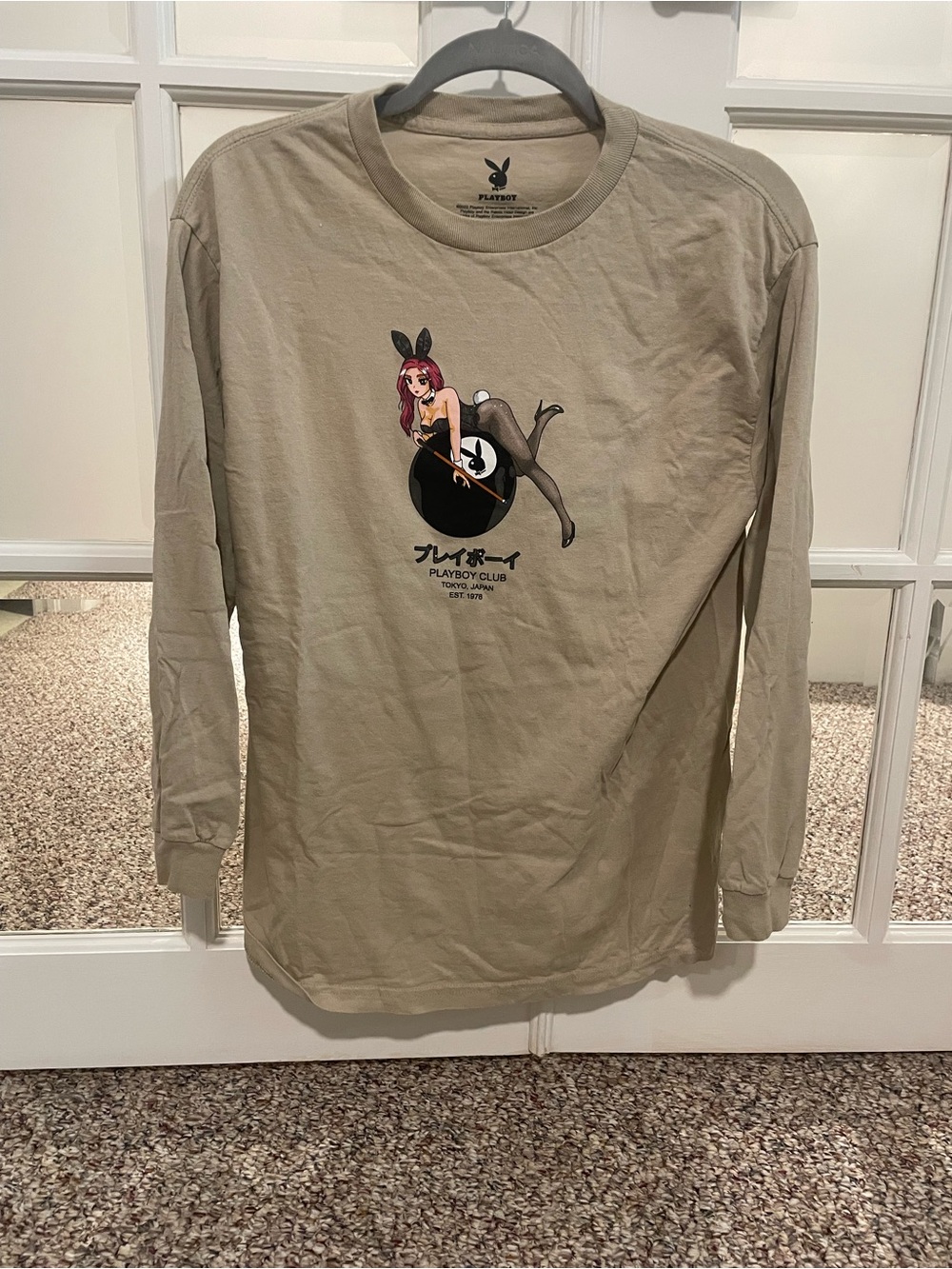 PLAYBOY Taupe Long Sleeve Graphic Tee with Bunny Print